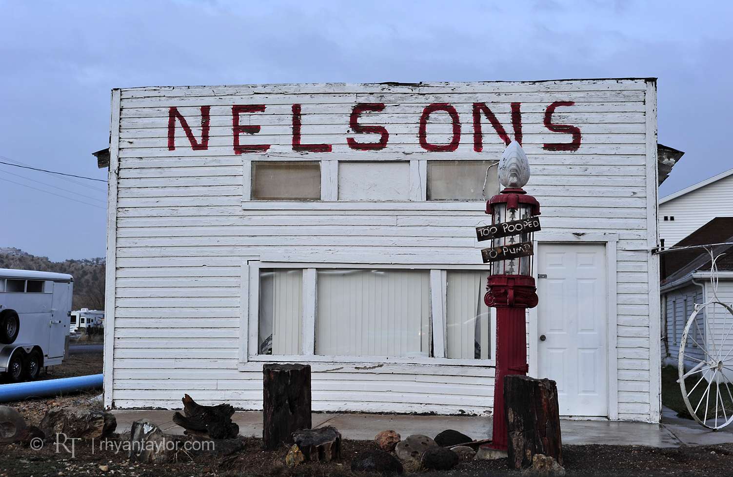 Old Nelsons building with vintage gas pump